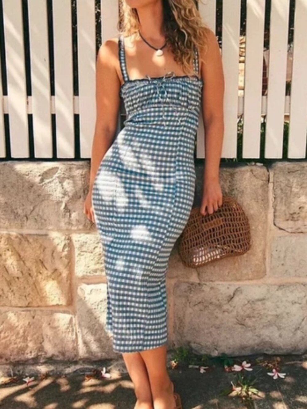 Free People Lucinda Plaid Midi Dress Square Neck Fitted
